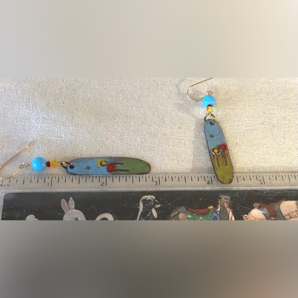 Handcrafted & Painted Enamel Over Copper Modernist Dangle Earrings - Picture 8 of 8